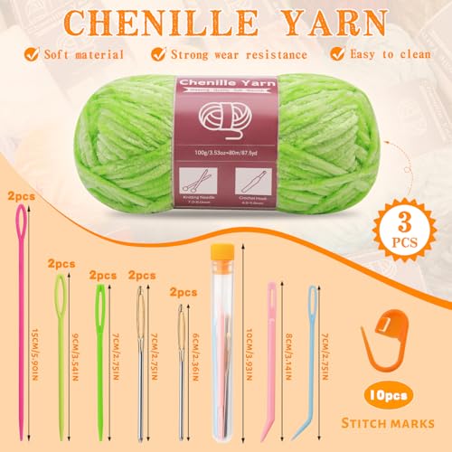 Image of LUNARM Chenille Yarn 3 Pack 3.5oz Chunky Blanket Velvet Yarn 263 Yard | Grass Green Chunky Chenille Yarn for Beginners Crocheting Hand Knitting Scarves with Big Eye Needles Machine Washable