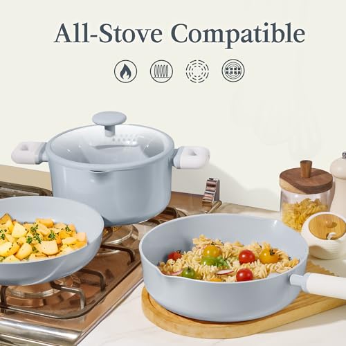 Image of CAROTE Pots and Pans Set Nonstick, Ceramic Cookware Set, Blue Cooking Set Kitchen Induction Set with Steamer, PFAS PTFE Free,9 Piece