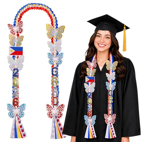 Image of Class of 2026 Philippines Graduation Leis,Double Gold Graduation Lei Ribbon with Butterfly and Pins Accessories, Handmade Money Lei Flowers Congrats Graduation Gift for Her Him