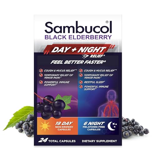 Sambucol Black Elderberry Day & Night Relief - Feel Better Faster Non-Drowsy Daytime Relief for Men & Women Restful Sleep for Adults Melatonin-Free - 24 Capsules 1 Pack