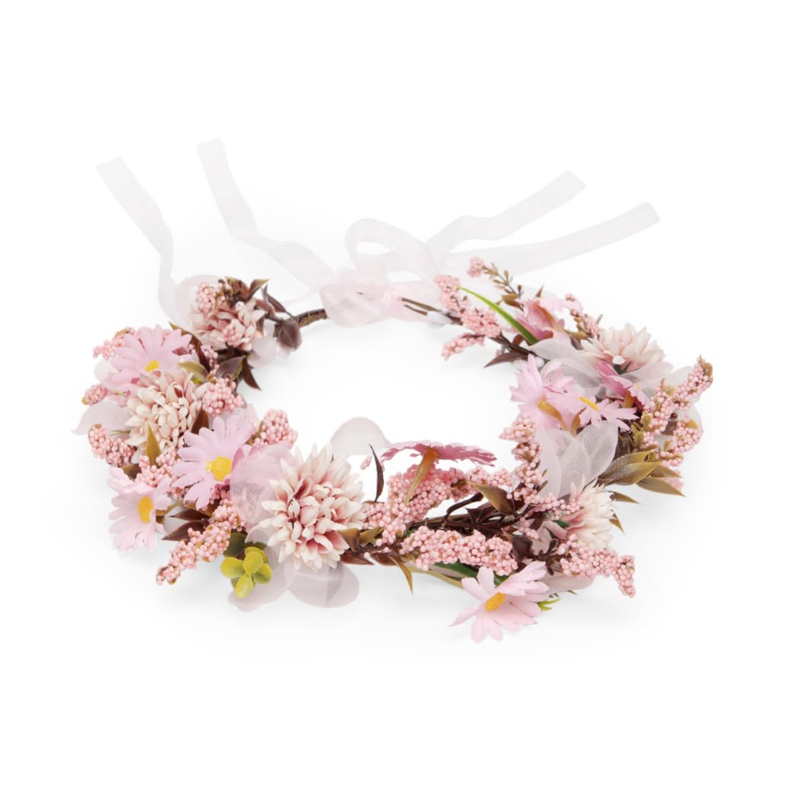 Radhu & Kabby Soft Pink Floral Hair Tiara for Girls & Women | Delicate Artificial Flowers with Organza Ribbon | Dreamy Crown for Weddings, Baby Showers, Photoshoots & All Occasions | 1 Pc