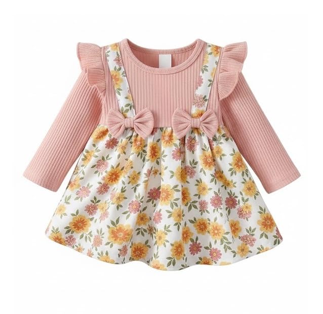Image of A.T.U.N. (ALL THINGS UBER NICE) Baby Girls Poly Silk Printed Dress with Bow Strap Detailing & Ruffle Sleeve Design | Soft Feel Long Sleeve Party Frock | Elegant Winter Occasion Dress for Kids