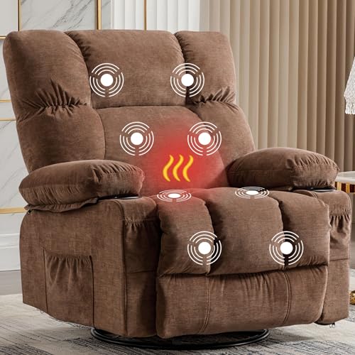 Image of MAHOMICO Recliner Chair Oversized Swivel Rocker with Vibration Massage & Lumbar Heating, 360 Swivel, USB Charging Port, Cup Holders & Side Pocket for Living Room