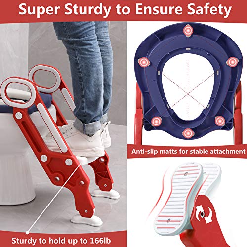 Potty Training Toilet Seat with Step Stool Ladder for Kids Children Baby Toddler Toilet Training Seat Chair with Soft Cushion Sturdy and Non-Slip Wide Steps for Girls and Boys (Blue Red)