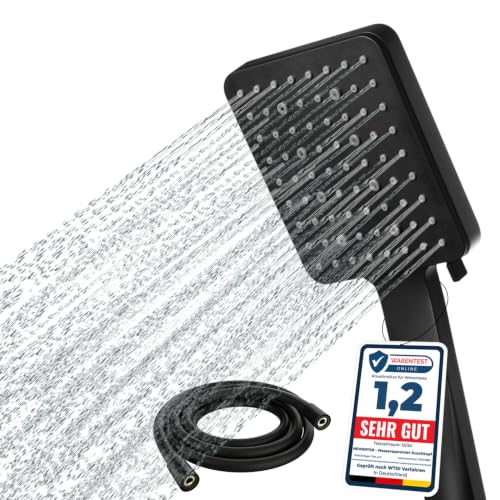 Newentor Duschkopf [TESTSIEGER] Eckig Duschkopf Hochdruck Duschbrause Handbrause mit 6 Strahlarten Schwarz (mit Schlauch 1 5M)