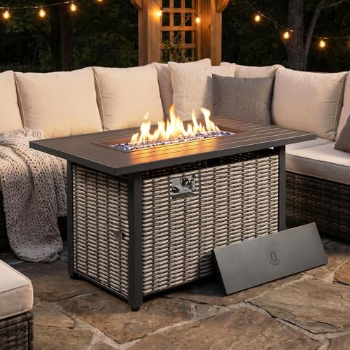 Image of Nuu Garden 43'' Propane Gas Fire Pit Rattan Outdoor Fire Pit Table 50,000 BTU Smokeless Gas Fire Pit with Lid and Glass Beads, Metal Tabletop Patio Fire Pit Table for Outside Patio Backyard, Brown