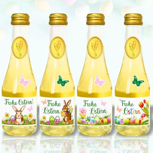 4x Piccolo 0,2l Geschenk zu Ostern Ostergeschenk: Frohe Ostern Beeren Perlwein Sekt Secco Beerenperlwein | Sekt halbtrocken | prickelnd frischer Perlwein aus weißen Beeren