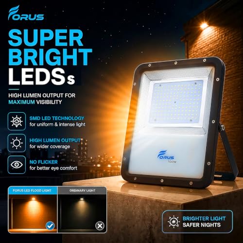 Image of Forus 100W LED Flood Light Outdoor, IP67 Waterproof Wall Mounted Outside Light, High Bright Amber LED Flood Light for Parking, Society, Industrial & Flood Lighting with 4 Year Warranty (1 Pc)
