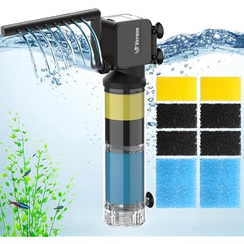 VCRAZE 3-Stage Submersible Aquarium Filter & Replacement Filter Sponges (Including 2 x Coarse Sponge, 2 x Fine Sponge & 4 x Carbonized Sponge) Cover