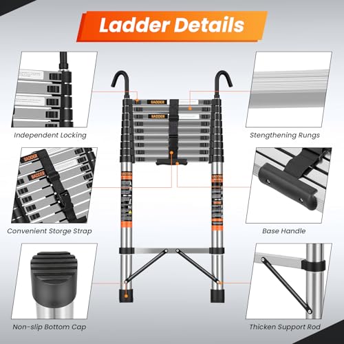 Image of Telescoping Ladder, 12.5 FT Extension Ladder w /Hooks, Heavy Duty 330lbs Max Capacity, Collapsible Telescopic Ladder for Rv, Roof, Outdoor