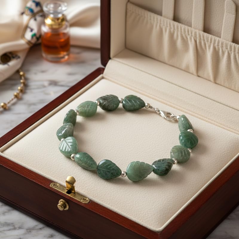 LKBEADS Bransoletka z ogniw naturalnej szmaragdy o wymiarach 13x8 mm w kształcie liścia, fasetowana zielona kamienna biżuteria, 17,78 cm, bransoletka do nakładania, ręcznie robiona biżuteria |LK_SLNK