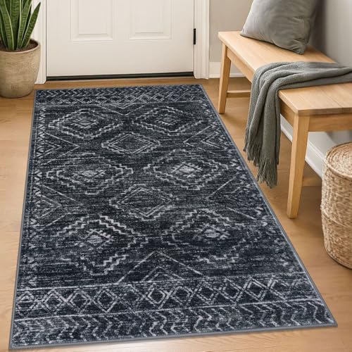 KILOCOCO Boho Entryway Rug 3x5 Area Rug Washable Non Slip Throw Rugs Soft for Kitchen Living Room Dining Bedroom Geometric Moroccan Carpet, Charcoal