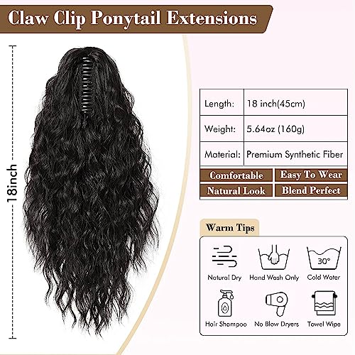 PORSMEER Ponytail Extension,Claw Clip Ponytail Hair Extensions Black Natural Looking Long Curly Wavy Multi Layered Fluffy Synthetic Hairpiece for Women Girls Daily Wear or Party,18inch - Image 2