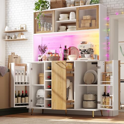 Crlnaup Armario lateral de almacenamiento, armario de cocina multifunción, 120 x 40 x 170 cm, con iluminación LED, botellero y estante para aperitivos, 5 puertas, enchufe integrado, color blanco con