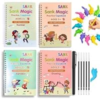 Solanki Mart Magic Reusable Handwriting Practice Copybook Set for Kids – 4 Groove Books with Magic Pen, 10 Refills & 2 Grips – Fun Tracing & Calligraphy Writing Book for Children