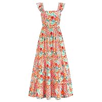 dowerme Summer Dresses for Women 2025 Casual Ruffle Smocked Tiered A-Line Boho Floral Maxi Beach Sun Dress with Pockets(Light Apricot Orange Flower,Medium)
