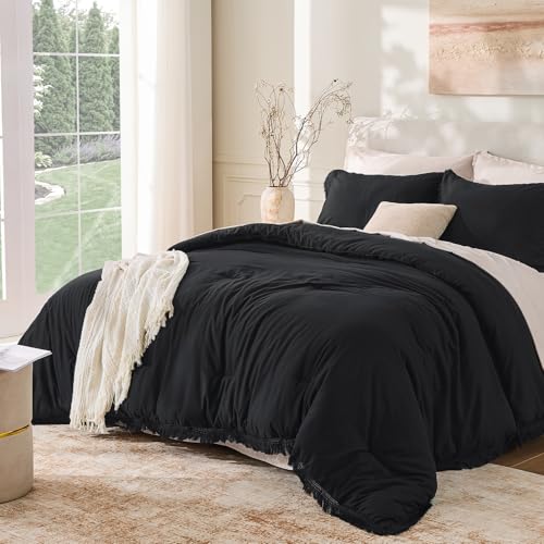 Image of Andency Black Comforter Set Full Size, 3 Pieces Boho Tassel Lightweight Bedding Comforter Sets, All Season Soft Fluffy Fringe Bed Set (79x90In Comforter & 2 Pillowcases)