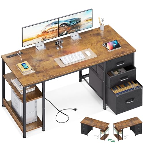 AODK 51 Inch Computer Desk with Fabric Drawers & USB Power Outlets, Reversible Home Office Desk with Storage Shelves, Work from Home, Modern Work/Writing/Study Table for Bedroom, Vintage