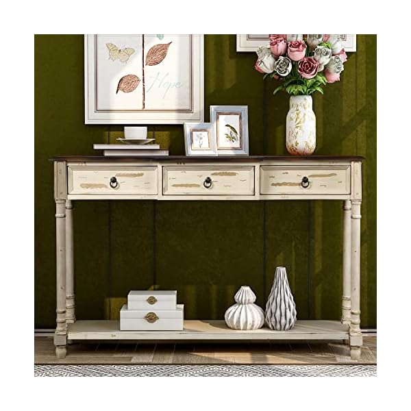 Merax Long Console Table with Drawers for Entryway Rustic Style, Farmhouse Sofa Table with 3 Drawers and Tapered Table Legs for for Living Room Hallway, Beige