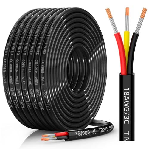 CONEPY 18 Gauge Wire 3 Conductor Electrical Wire 18 AWG Tinned Copper Stranded PVC Cable IP68 Waterproof/Flexible/Low Voltage Cord for Automotive Marine Solar LED Lighting (30FT)