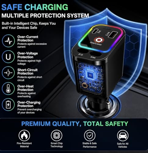 Image of 120W Retractable Fast Car Charger with DRL and Starlight (2026 Version) | 4-in-1 Dual Retractable Cables with USB & Type-C Ports | Adjustable 180 Direction