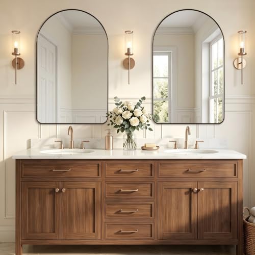 Image of ANDY STAR 24x38 Inch Brushed Champagne Bronze Arched Bathroom Mirror | Stainless Steel Metal Frame, HD Glass, Arch Top Rounded Corner 1 Inch Deep Set Design Wall Mount for Bathroom, Bedroom
