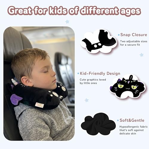 Image of Kids Travel Neck Pillow for Ages 3-8, Memory Foam, Removable Cover, Cat