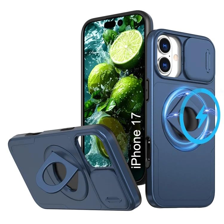 Image of LuxuryKase MagSafe Shockproof Rugged Back Case for iPhone 17 | Finger Ring Kickstand & Sliding Camera Cover | Military Drop Protection | Wireless Charging Support - Blue