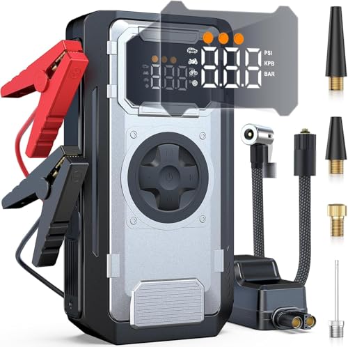 Acmount Arrancador de Batería de Coche 6000A, Booster Bateria Compresor de Aire 150PSI, Arrancador Coches para Vehículo(Toda Gasolina o 10L Diésel), 12V Jump Starter con 600-Lumen LED