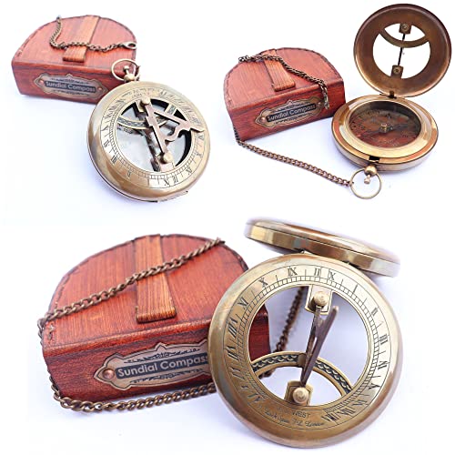MADSNIIB Brass Sundial Compass with Leather Case and Chain, Antique Design Push Open Compass, Handmade Sundial Clock, Unique Steampunk Accessory and Gift Idea for Loved Ones