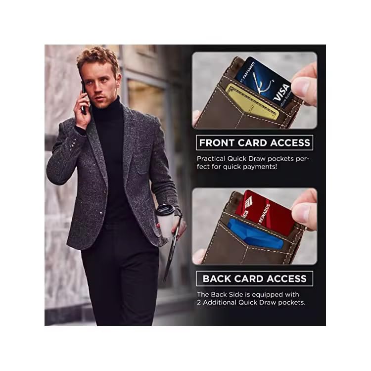 Image of Genuine Leather Slim Wallet | RFID Blocking Bifold Men's Purse | Front Pocket Card Holder | 9 Card Slots, 1 ID Window | Card Puller, 2 Hidden Pockets | Travel and Office Carry (B Tan)