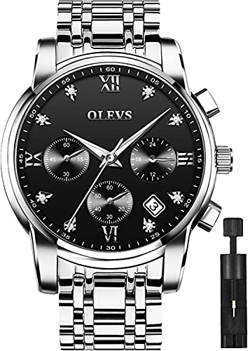 OLEVS Men's Waterproof Watches Silver Stainless Steel Waterproof Chronograph Wrist Watches Luxury Dress Black Luminous Big Face Analog Quartz Male Watches