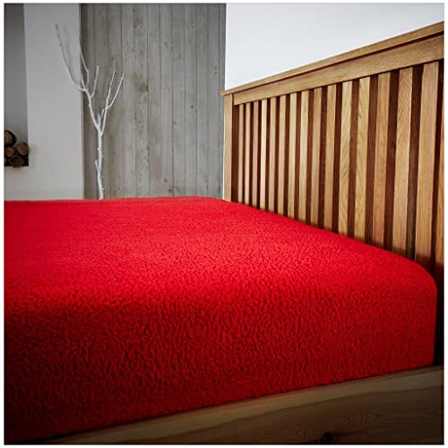 Teddy Plain Fleece Fitted Sheet Double, Premium Warm & Cosy Linen Bedding Super Soft Fluffy Bedsheet, Red