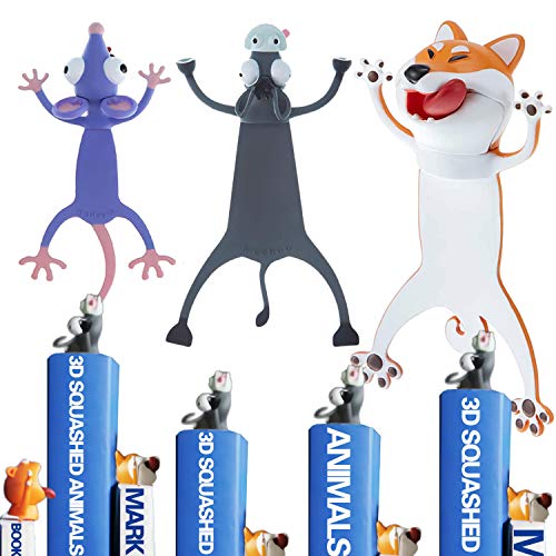 Funny Animal Bookmark for Boys , 3 Pack Cute Cartoon Animal Bookmark Bulk - Squashed Animals Stationery for Kids, Reading Presents, Party Favors