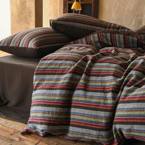 Image of EAVD Retro Striped Duvet Cover Set Queen Soft 100% Cotton Muslin Bohemian Colorful Vertical Striped Bedding Set with 2 Pillowcases Rustic Farmhouse Style Geometric Pattern Duvet Cover with Zipper