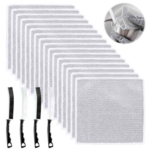 Nodcows Paños de Alambre Multiusos, 16 Pcs Trapos de Alambre para Lavar Platos y 4 Cepillo, Reutilizable de Alambre Lavar Platos, para Manchas, Ollas, Estufas