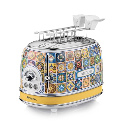 Ariete 155 Tostapane Positano, 810W, 2 fette, 6 livelli di doratura, Vassoio raccogli briciole, Funzione defrost, Espulsione automatica, Con pinze, Bianco e Giallo