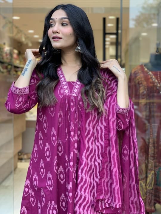 Image of Rangnavi Women's Cotton Anarkali Printed Kurta Set with Palazzo & Dupatta