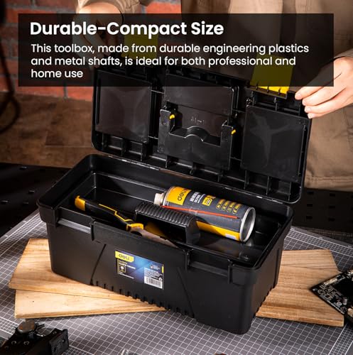 Image of Deli DL432414 14 inch Multipurpose Tool Box with Transparent Storage Isolation Tray & Two Layer Folding Structure Carry Handle Hand Tools Kit for DIY Home and Professional Use (Pack of 1, Yellow /Black)