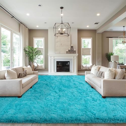 Area Rugs 9x12 Living Room, Large Fluffy Area Rugs for Bedroom, Soft Carpet Shag Kids Room Rug, Non-Slip Fuzzy Rugs Indoor (Turquoise Blue, 9ft x 12ft)