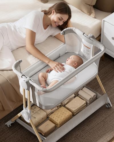 Image of ANGELBLISS Baby Bassinet, 3-in-1 Bedside Sleeper, One-Click Foldable Crib