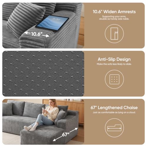 Image of Boneless Couch, 102.4 inch Sectional Couches for Living Room with L Shape Sofa | Cloud Couch Sectional with Chaise, Modular Cloud Sofa with Deep Seat, No Assembly, Beige, Corduroy, Right Chaise