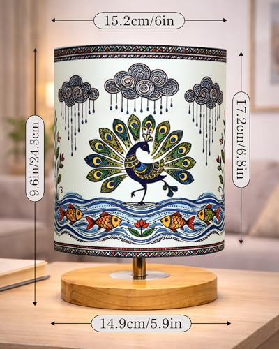 Image of Homesake Pine Table Lamp Wooden Bedside Lamp Simple Bedroom Light Linen Shade Mini Desk Lamp Nightstand Lamp for Bedroom, Living Room, Gift, (Madhubani Art of India Shade Cylinder)