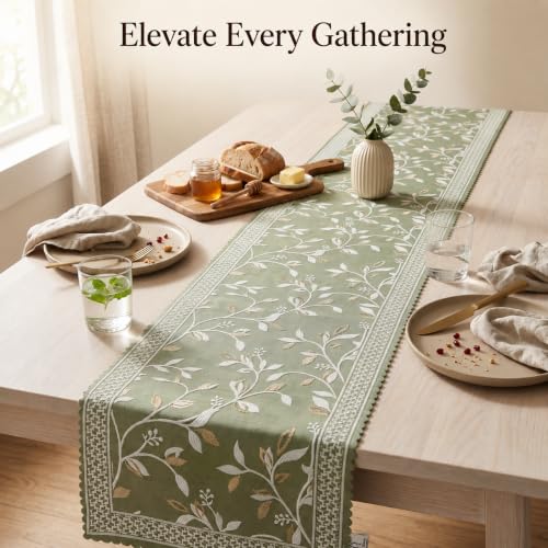 Image of Premium Embroidered Dining Table Runner 6 Seater | Washable Heat Resistant Fabric | Cotton-Silk Blend | Fits 4 & 8 Seater Dining Table | Centre Table Decor | 13 x 72 Inch | Sage Green