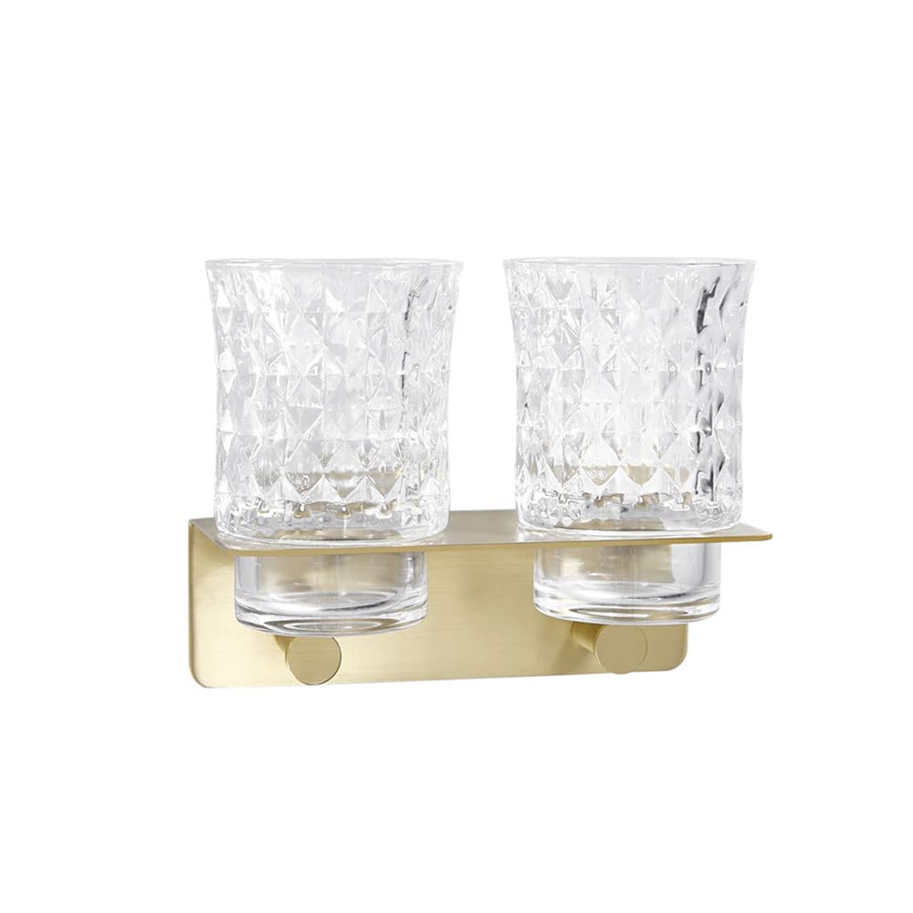Porta spazzolino da denti a parete, Bicchiere in vetro da parete in ottone con portaoggetti for dentifricio, contenitore for bagno 2 ganci, oro spazzolato