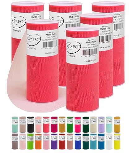 Image of Expo International Decorative Matte Tulle, Roll /Spool of 6 Inch x 25 Yards (Pack of 6), Polyester-Made Tulle Fabric, Matte Finish, Lightweight, Versatile, Washable, Easy-to-Use, Coral