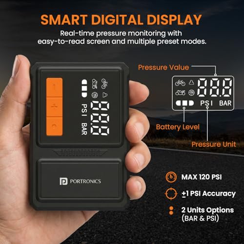 Image of Portronics Vayu Nano Cordless Mini Tyre Inflator for Two-Wheelers, Dual 600 mAh Batteries, Up to 120 PSI Pressure, 7.5 cm Air Hose, Digital Display, Auto Shut-Off, Type-C Charging, LED Light with SOS