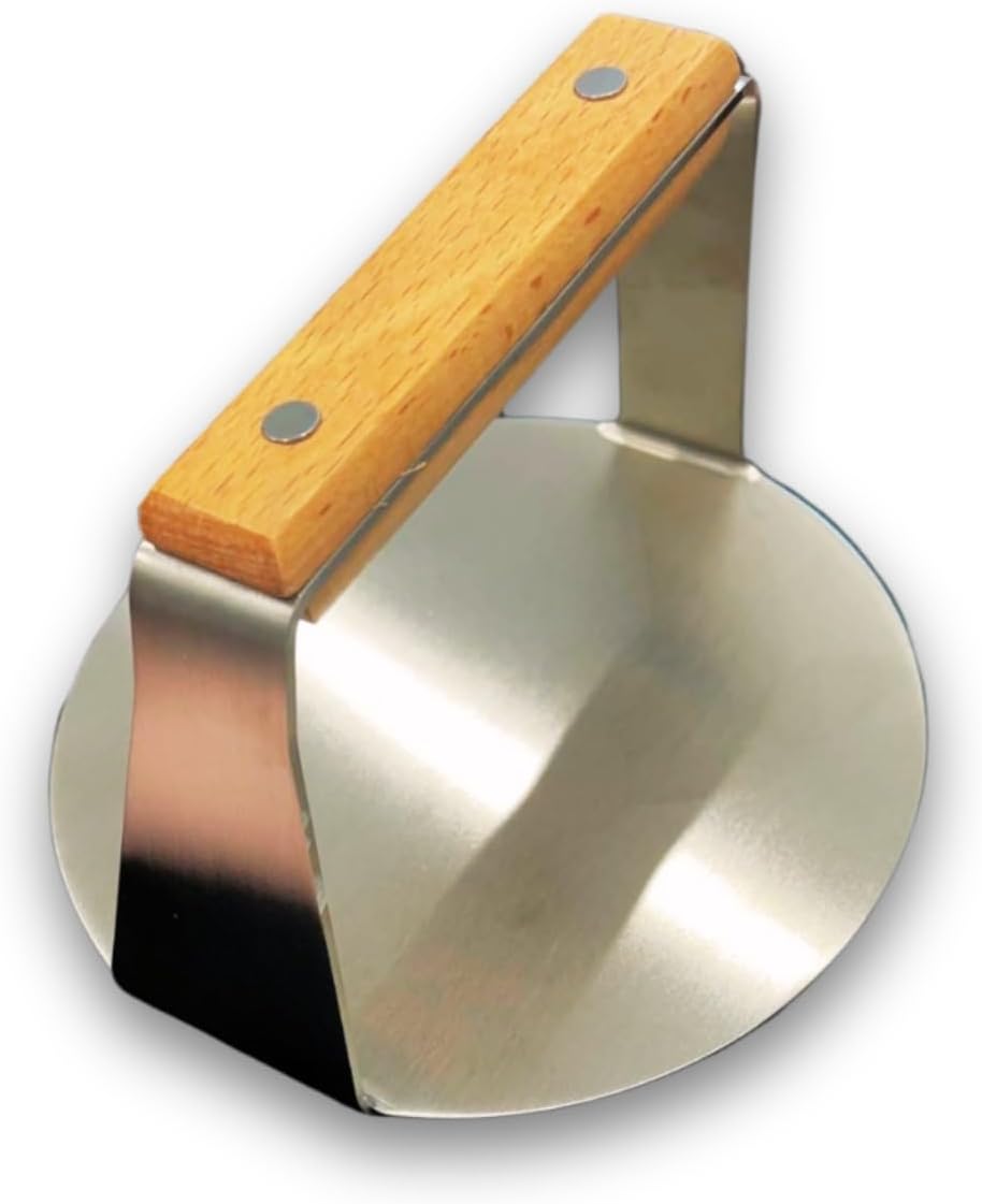 Smashed Burger Press, 6 Inch Round Smasher with Wood Handle - Heavy-Duty Stainless Steel Hamburger Press - Non Stick Bacon Press