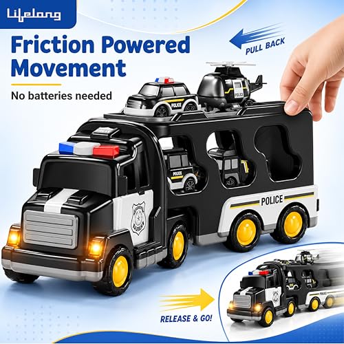 Image of Lifelong 5-in-1 Police Carrier Truck | Big Friction Powered Truck Toy with Lights, Siren & Sound | Police Car Set with Fire Truck, Ambulance, Helicopter | Birthday Gift Set for Boys, Girls 3-10 Yrs