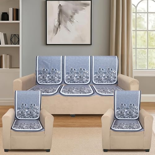 Image of Velvet 3 Seater Sofa Cover with 6 Seat and Back Covers - Floral Design - Washable Fabric - Stylish Sofa Cover for Modern Living Room (Grey, 3 Seater Without Arm Cover)